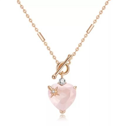 925 silver plated 18k gold love natural pink crystal necklace