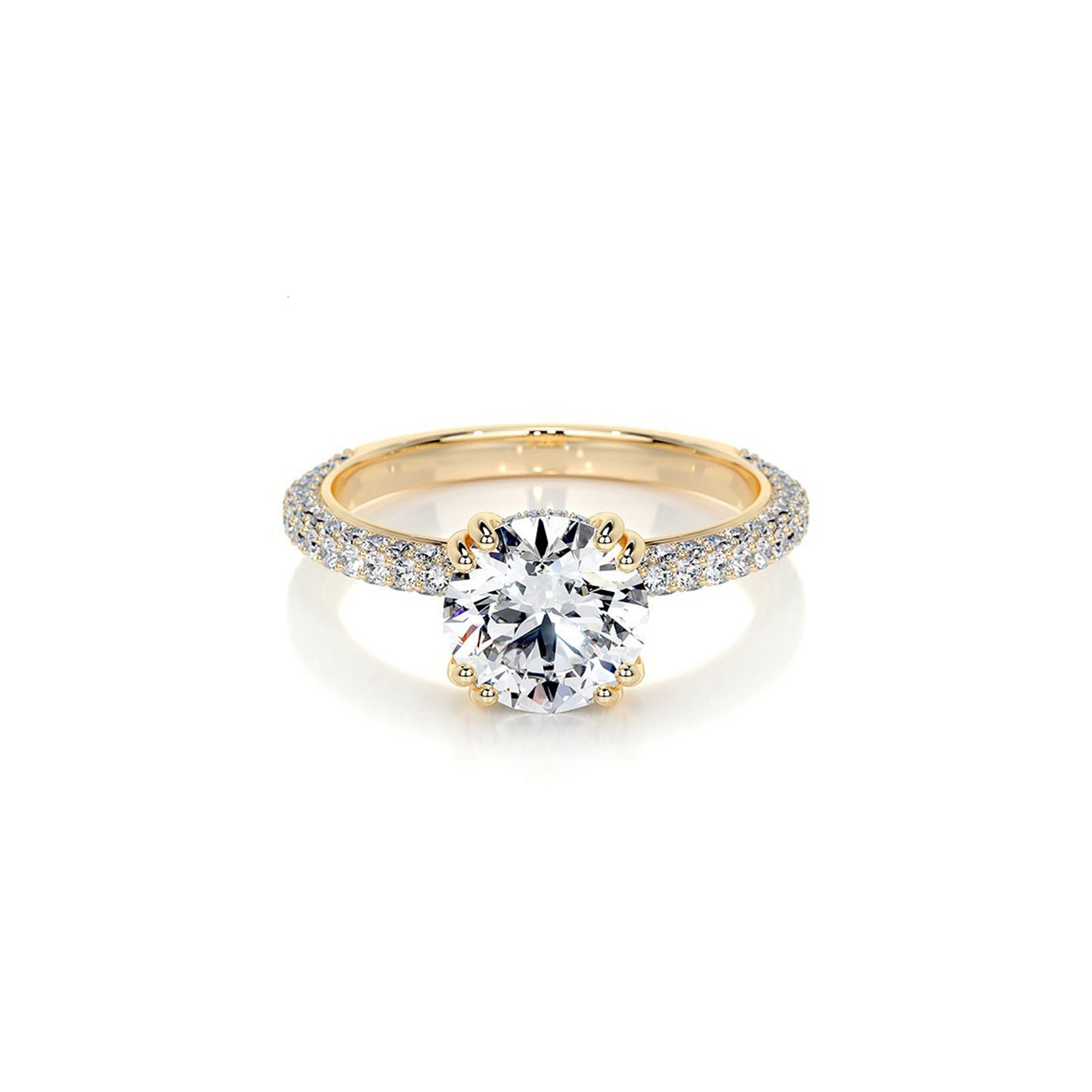KOHNIL The Imperial 2CT Round Cut Moissanite Ring with Triple-Row Pavé & Hidden Halo in 18K Gold Plated 925 Silver
