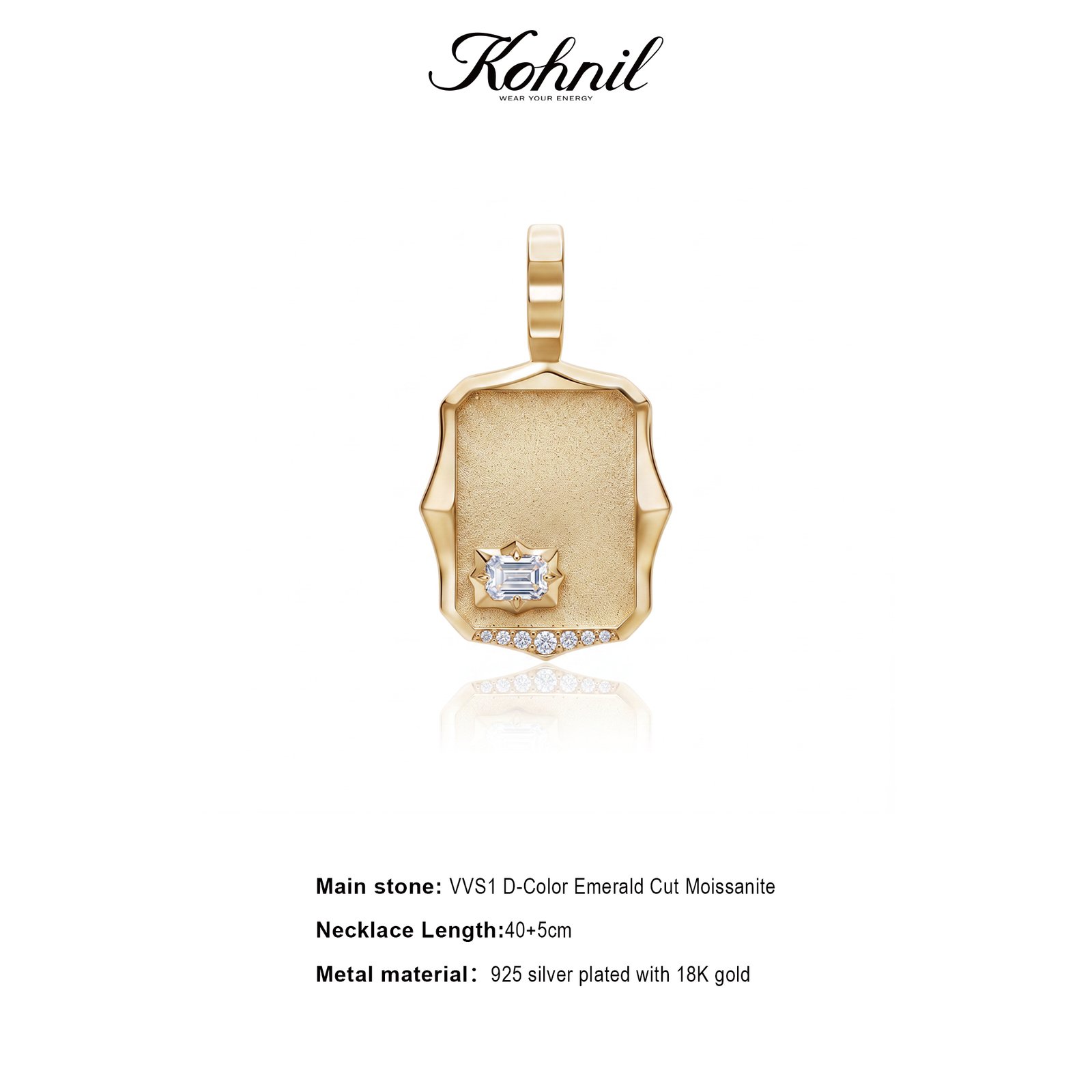 KOHNIL The Athena Amulet Emerald Cut Moissanite Necklace in 18K Gold Plated 925 Silver - 图片 2