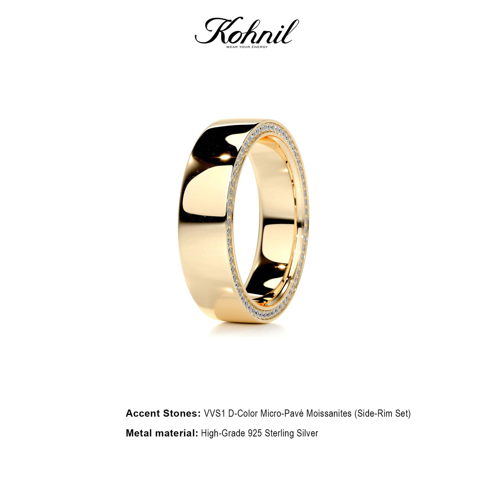 KOHNIL The Secret Edge Side-Pavé Moissanite Wide Band in 18K Gold Plated 925 Silver - 图片 2