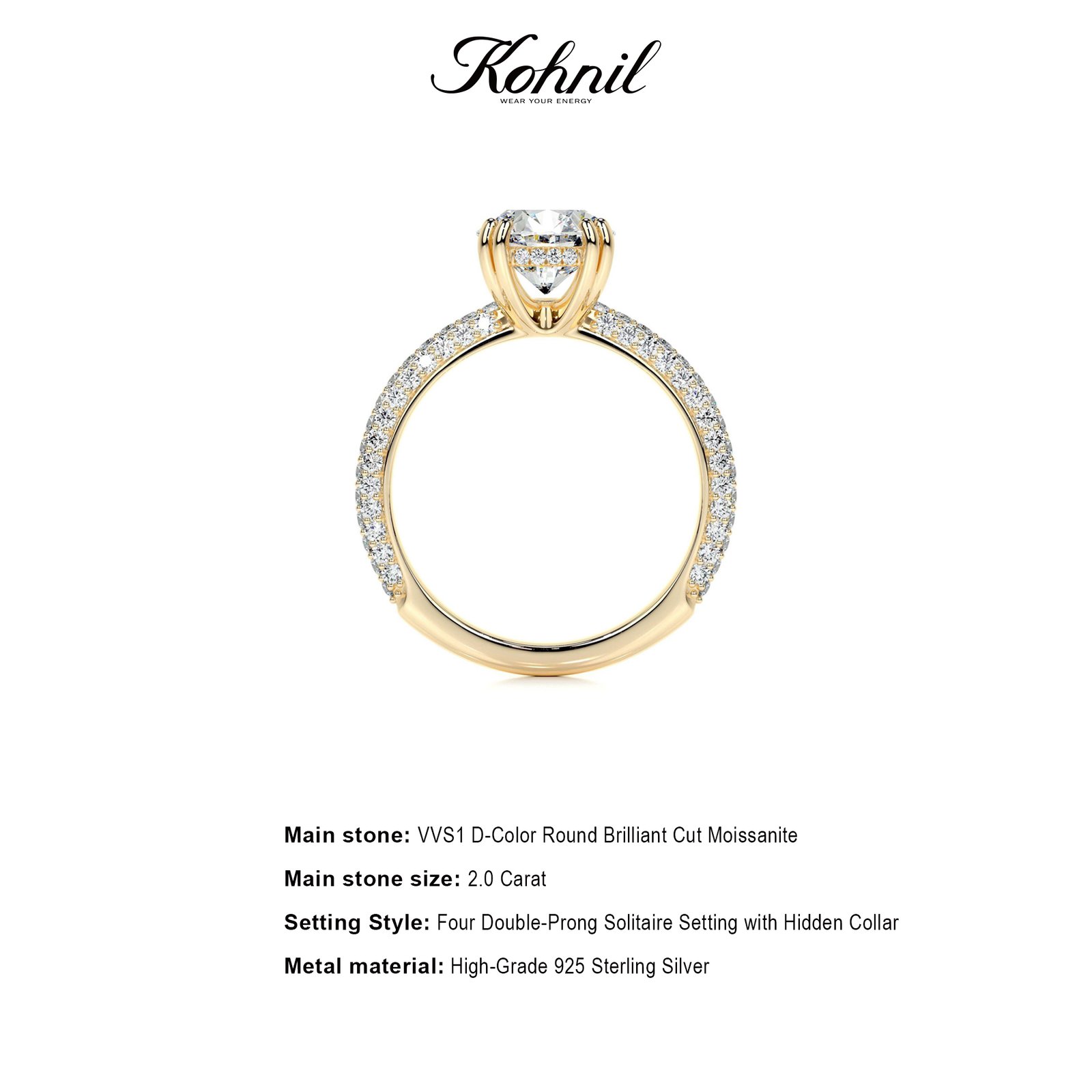 KOHNIL The Imperial 2CT Round Cut Moissanite Ring with Triple-Row Pavé & Hidden Halo in 18K Gold Plated 925 Silver - 图片 2