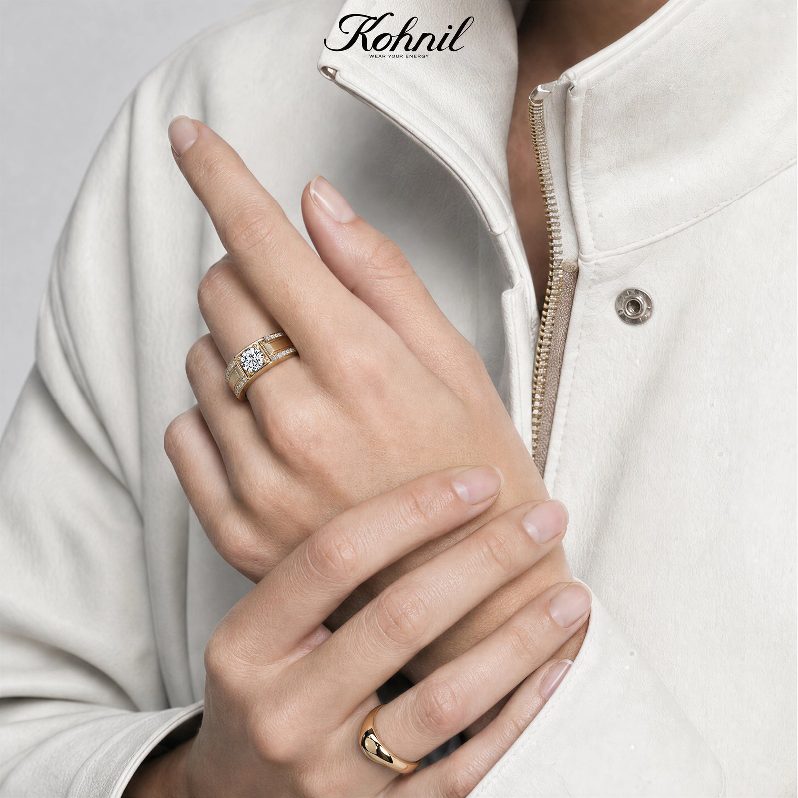 KOHNIL The Sovereign Dual-Row Pavé Moissanite Wide Statement Ring in 18K Gold Plated 925 Silver - 图片 4