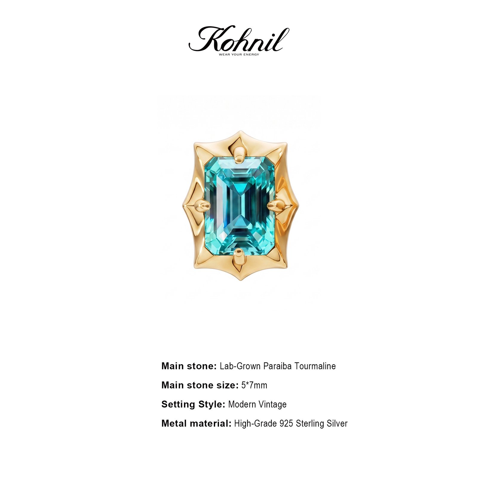 KOHNIL The Georgian Starburst Emerald-Cut Lab-Grown Paraiba Studs in 18K Gold Plated 925 Silver - 图片 2