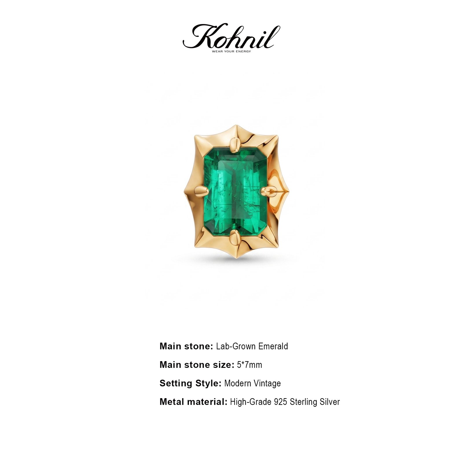 KOHNIL The Georgian Starburst Emerald-Cut Lab-Grown Emerald Studs in 18K Gold Plated 925 Silver - 图片 2